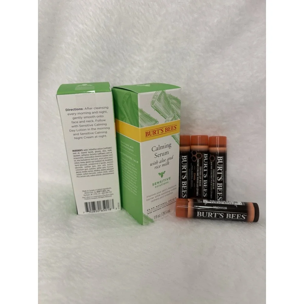 (2) Burt's Bees Calming Serum Aloe/Rice Milk Sensitive 1oz & (4) Tinted Lip Balm